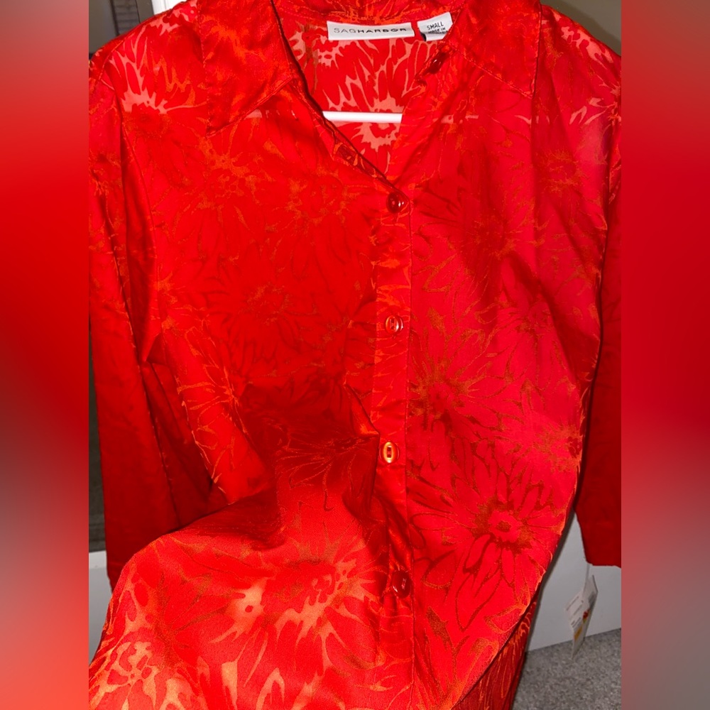 Coral Red Lace Patterned Sheer Button Down Small - Picture 4 of 8
